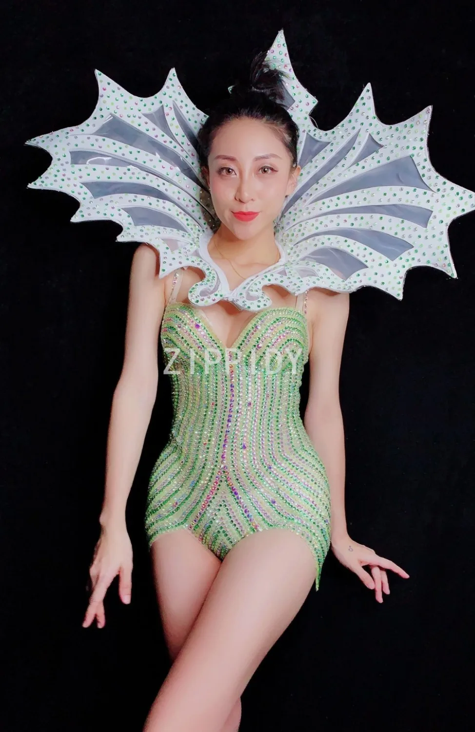 Fashion  Flashing Rhinestones See Through Mesh Sexy Bodysuit Birthday Celebrate Nightclub Dance Wear Female Singer Outfit