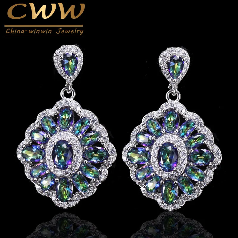 CWWZircons Brand Luxurious Women Crystal Jewelry Vintage Drop Blue Rainbow Fire Mystical Earring with Zircon Stones CZ053