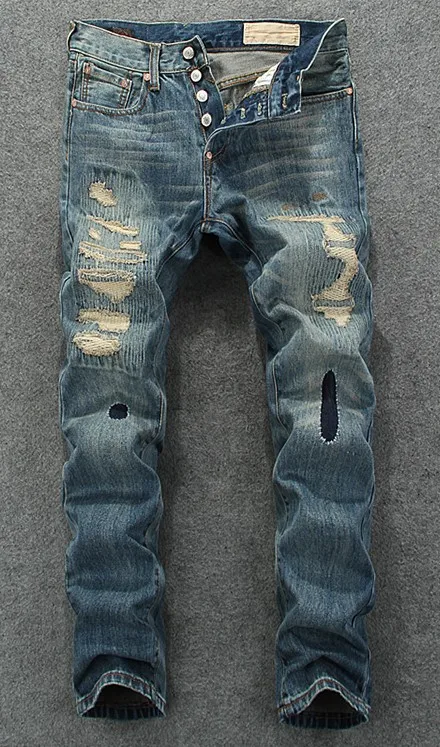 Весна-Осень 2016 прямые мужские джинсы с заплатками дырками винтажные
