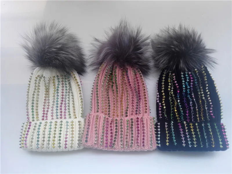 2018 новые зимние вязаные шапки с помпонами из натурального меха крючком черепами