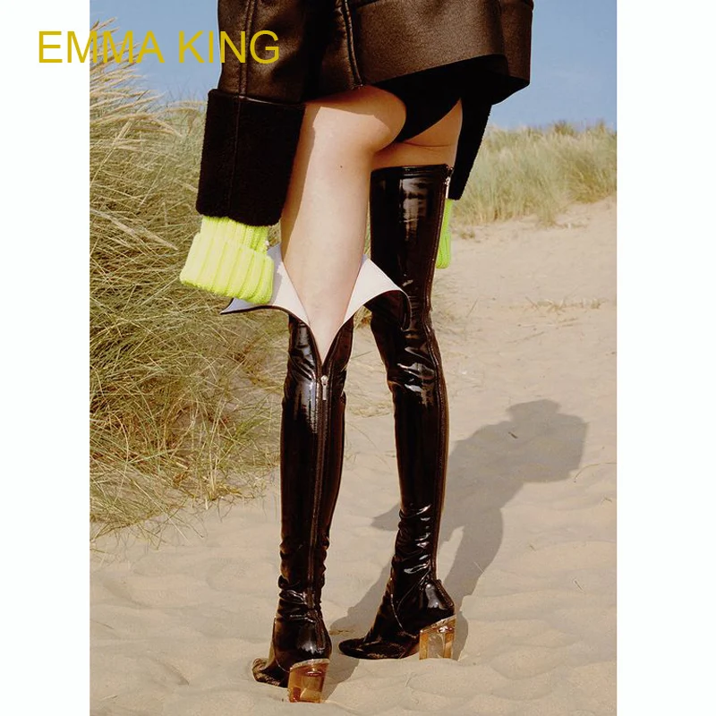 EMMA KING/блестящие Стрейчевые Сапоги выше колена из натуральной кожи новинка 2018