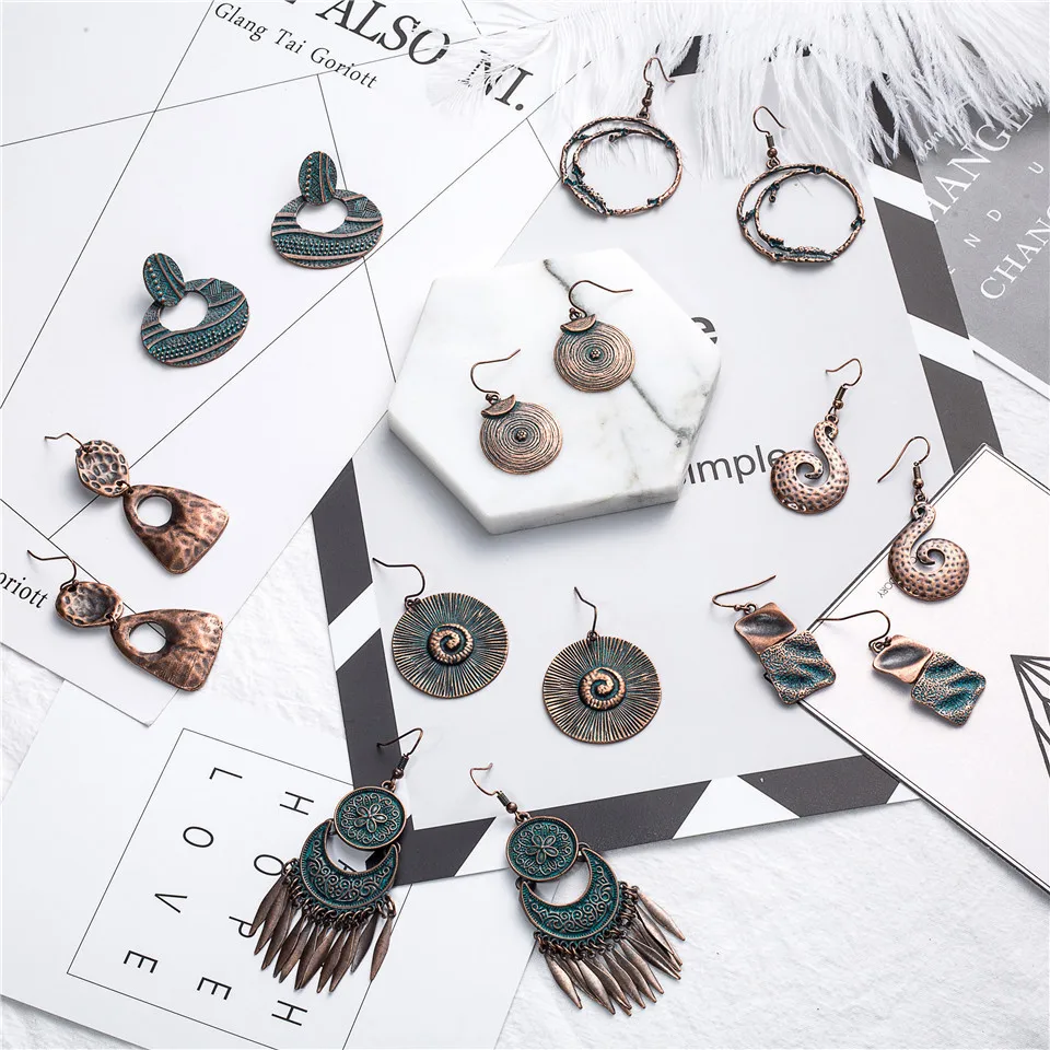 Exaggerate green metal alloy earrings for women Vintage leaf tassels earring Bohemia dangle drop moon flower branche big jewelry|earrings
