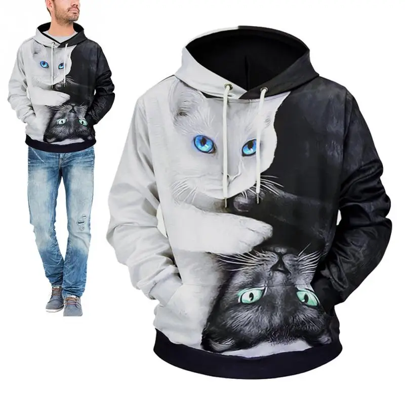 Мужчины Drawstring кошки 3D печать длинный рукав свободный пуловер худи свитер|Мужские