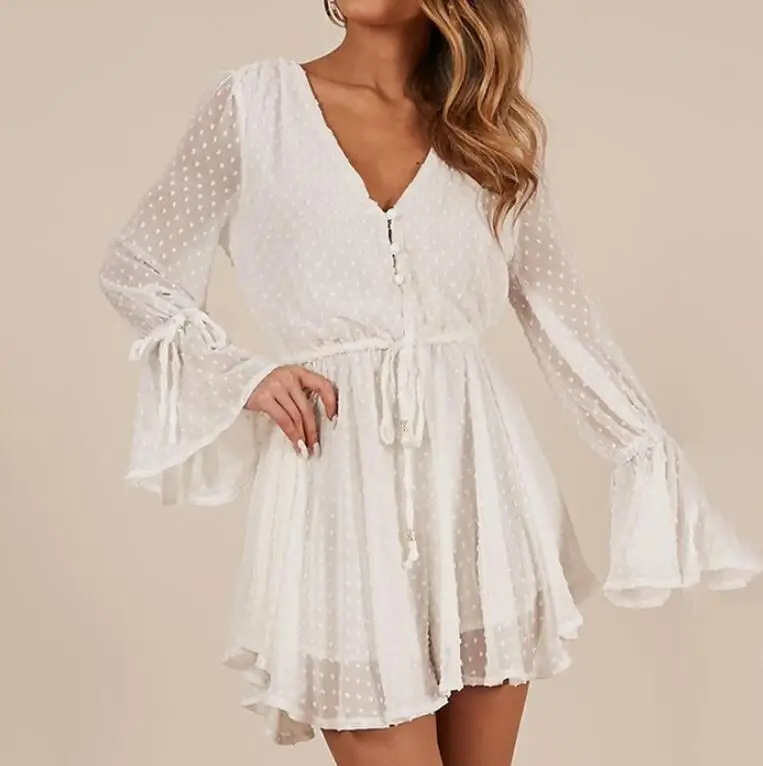 Белый кружевной сексуальный женский комбинезон с v-образным вырезом весенний