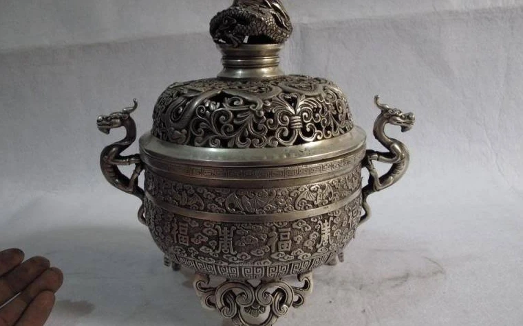 Тибетский буддизм бронзовое серебро lucky foo собака Дракон 3 ноги курильница