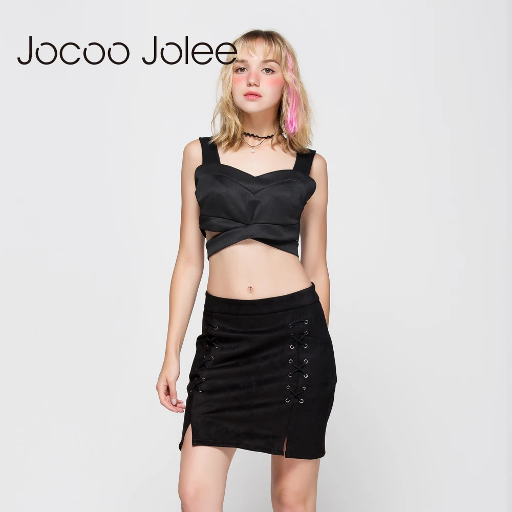 Jocoo Jolee Осенняя кожаная замшевая юбка карандаш на шнуровке зима 2017 с высокой