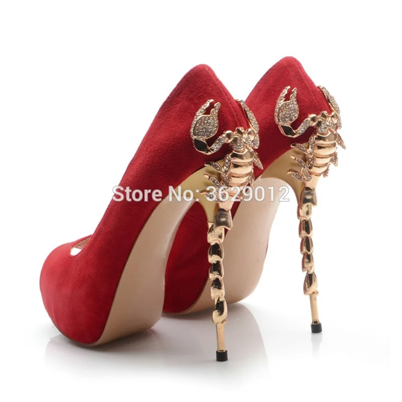 Lynskey Newest Black Suede Leather Peep Toe High Heels Scorpion Heel Pumps Golden Metal Lady Platform Wedding Party Shoes | Обувь