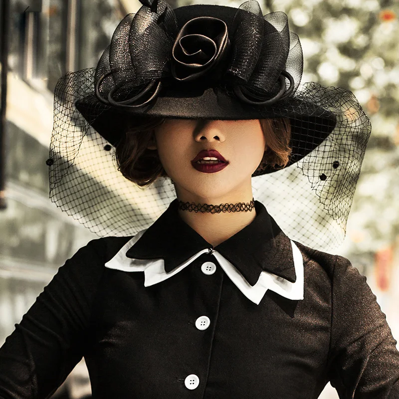 

YY Audrey Hepburn Wool Fedora Elegant Dameshoeden Trilby Caps Vintage Felt Hats Winter Mesh Flower Church Hats Women Gorra 18113