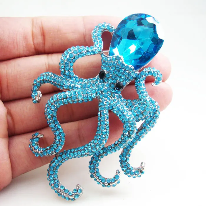 

Silver Tone Unique Blue Octopus Pendant Brooch Pins Rhinestone Crystal Animal Very beautiful unique girl