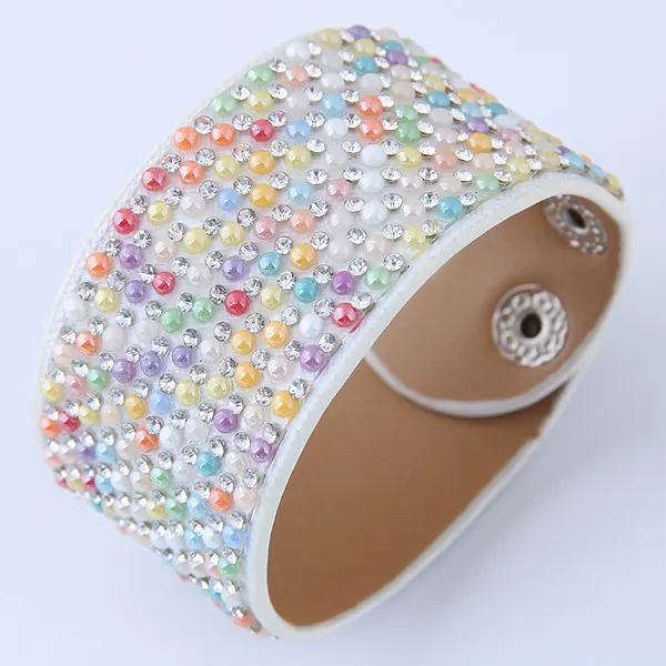 LEMOER 2019 Fashion Bohemian Handmade Full Rhinestone Gravel Stone Wide Leather Bracelets &amp Bangles Wristband Jewelry for Women |