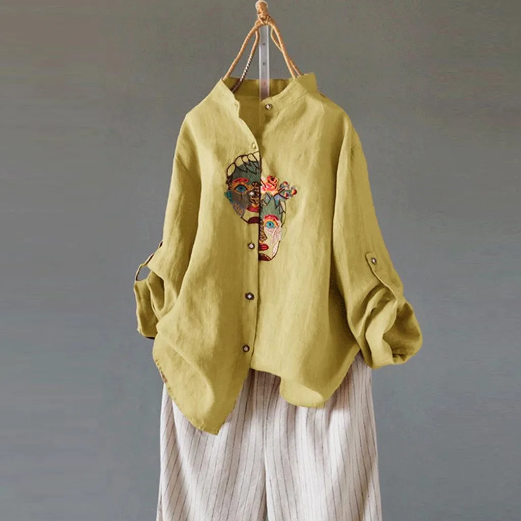 Женская льняная блузка с вышивкой размера плюс Повседневная Свободная футболка