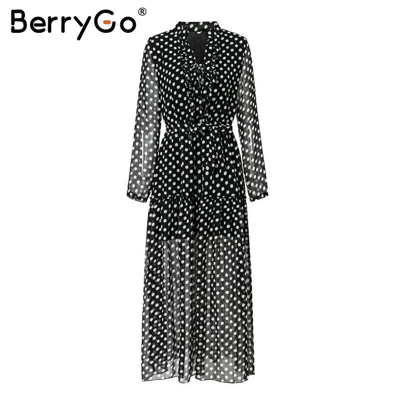BerryGo/винтажное длинное платье в горошек зимнее со шнуровкой и длинными рукавами