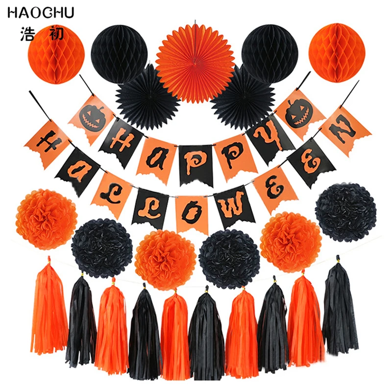 

HAOCHU 24pcs/set Halloween Decoration Window Wall Hanging Tag Orange Black Paper Honeycomb Ball Horro Theme Party Supplies