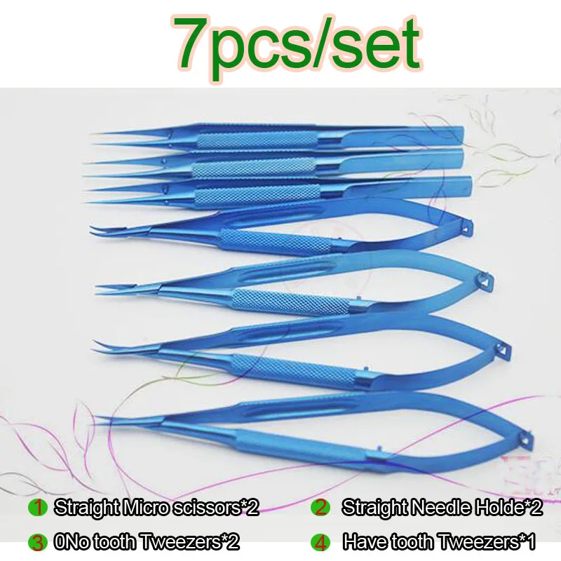 7pcs/set 14cm Titanium alloy ophthalmic microsurgical instruments Needle Holder Micro scissors Tweezers hand surgery