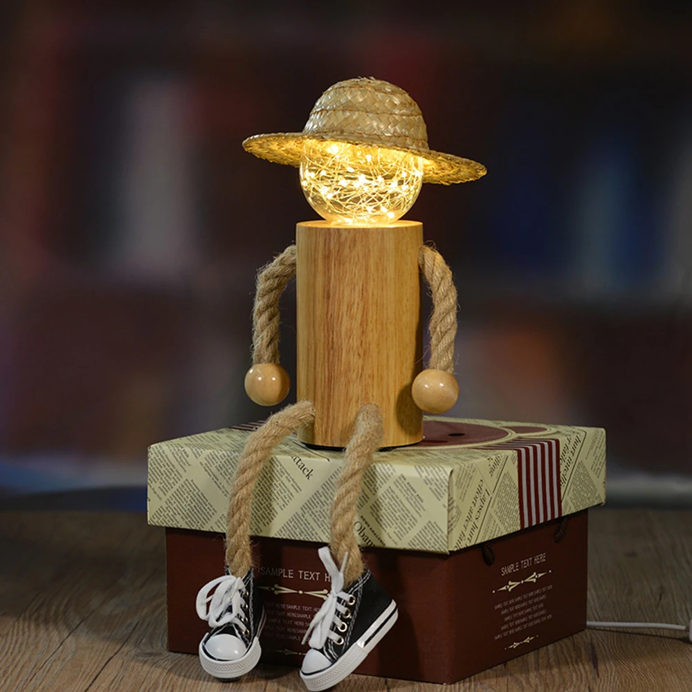 Светодиодный деревянная кукла ночник USB Новинка игрушка с пультом дистанционного управления конопляная соломенная осветительная система на головном уборе детское украшение стола для дома