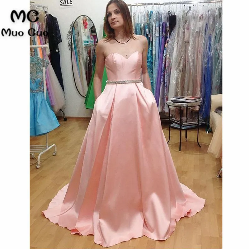 

A-Line Evening Dresses Long Sweetheart Draped Crystals Sashes Satin Prom dress for teens Formal Evening Dress for Women