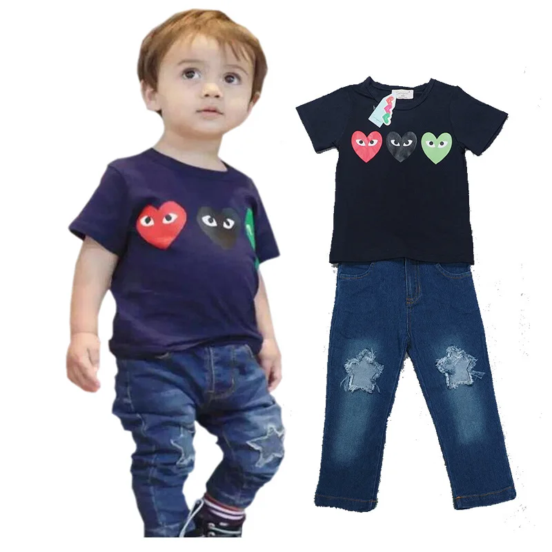 Children's wear Europe and America ins explosions summer set Handsome children's love boy two sets of denim |
