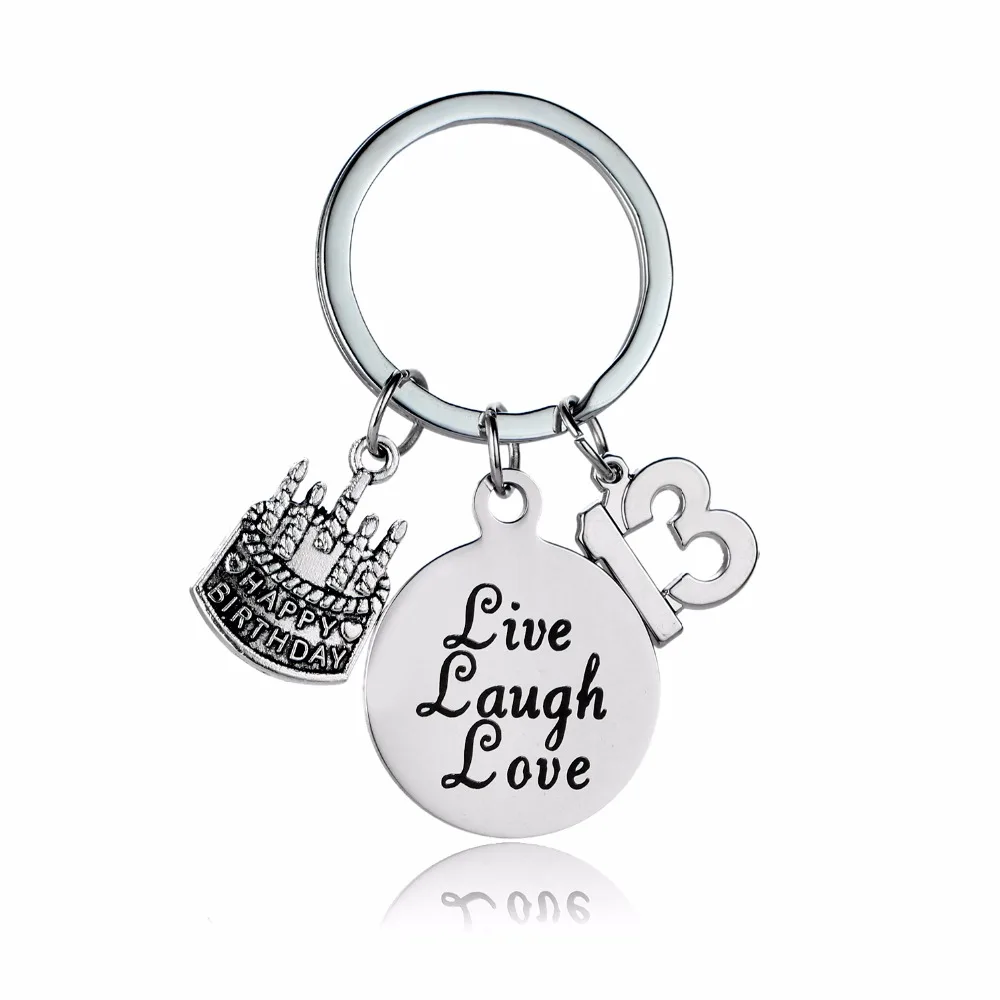

12PC/Lot Live Laugh Love Stainless Steel Keychain Women Men Friend Family Keyring 13 Birthday Cake Party Gifts Jewelry Key Chain