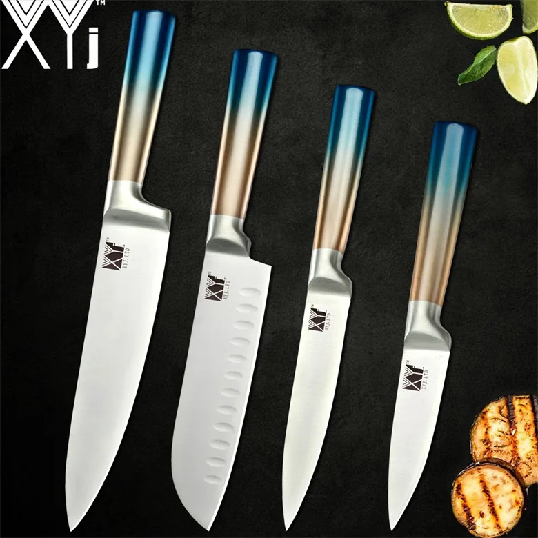 E.4 pcs set XYj кухонный нож из нержавеющей стали фруктовый нож Santoku шеф-повара нож для нарезки хлеба точилка ножницы аксессуары держатель подставка - Цвет: E.4 pcs set
