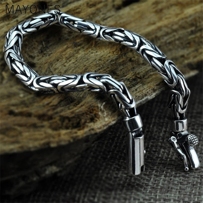 5mm 6mm 7mm 8mm Real 100% 925 Sterling Silver Men Bracelets Vintage Punk Style Thai Silver Bangle Men Male Fashion Jewelry