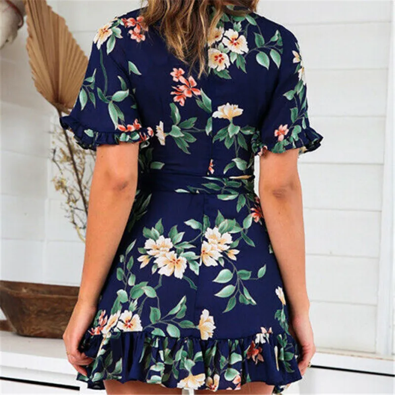 Женское богемное платье с запахом летнее пляжное мини коротким рукавом и v