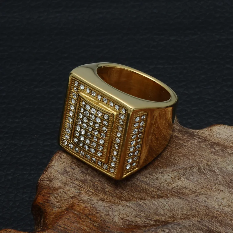 HIP Hop Titanium Micro Pave Crystal Chunky Square Mens Ring Iced Out Bling IP Gold Filled Thick Rings for Men Jewelry | Украшения и