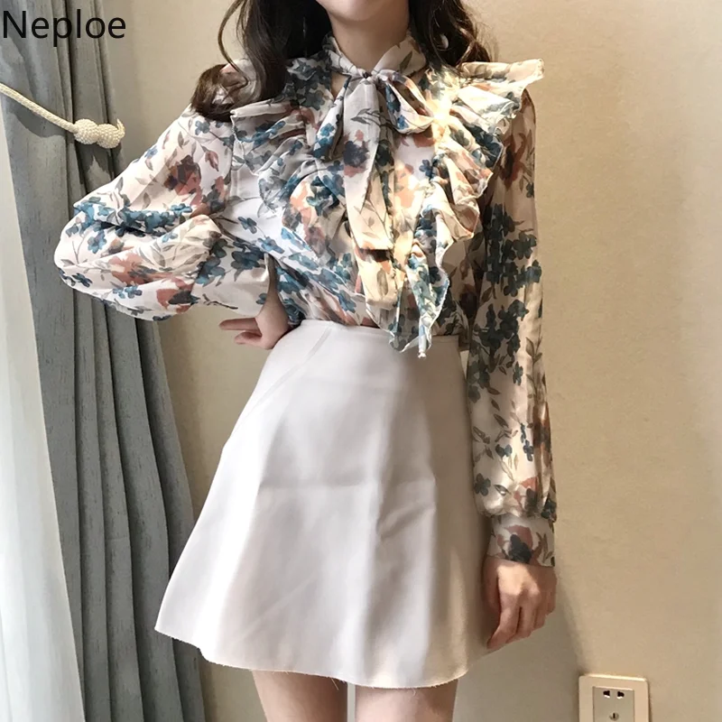Nepole 2019 Цветочный принт с длинным рукавом Шифоновая Блузка оборками Милая девушка