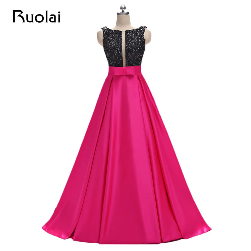 Женское вечернее платье в пол черное атласное цвета фуксии с кристаллами модель