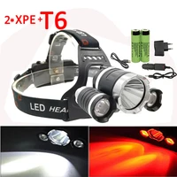 3 led headlamp 2x xpe red t6 white headlight 4 mode rechargeable head lamp flashlight 18650 battery charger for camping