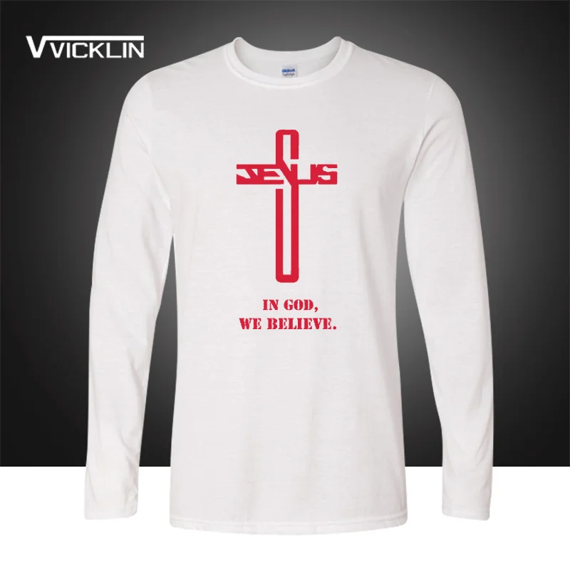 In God We believe printed t shirt long sleeve Christian Cross belief jersey tee cotton joggers blessed t-shits plus size | Мужская