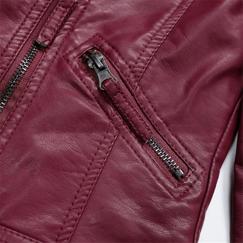 

Faux Leather Coat Women Wine Red Korean Short Slim Moto Leather Jacket 19 New Spring Autumn Black Pink Zipper Pockets Coat CX931