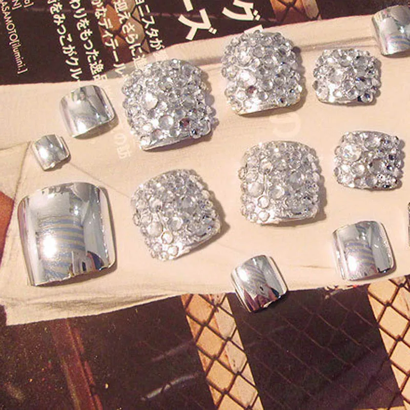 24 Pcs/Set Fashion Foot False Nail Tips Toe Art Tool Glitter Rhinestone Women Ladies Fake Toes Nails With Glue Drop Ship | Красота и