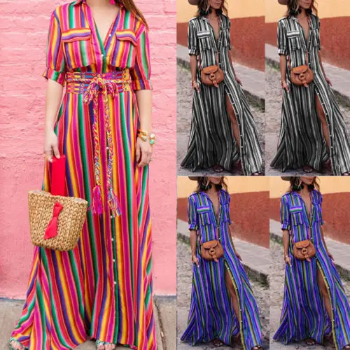 UK 2018 Новое модное женское платье Макси Boho в полоску Летнее Длинное Вечернее