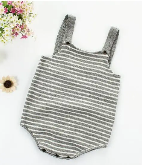 gray Romper Вязаный комбинезон для маленьких девочек; хлопковый комбинезон в полоску со звездами; одежда для маленьких девочек; Вязаный комбинезон; Весенний комбинезон для младенцев - Цвет: gray Romper