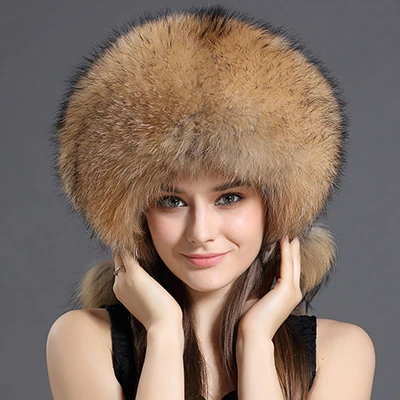 Зимняя женская меховая шапка, новинка, шапки-ушанки из натурального меха енота, шапка-ушанка, натуральная меховая шапка с помпоном, Русская Шапка-ушанка для мужчин и женщин - Цвет: Color 1