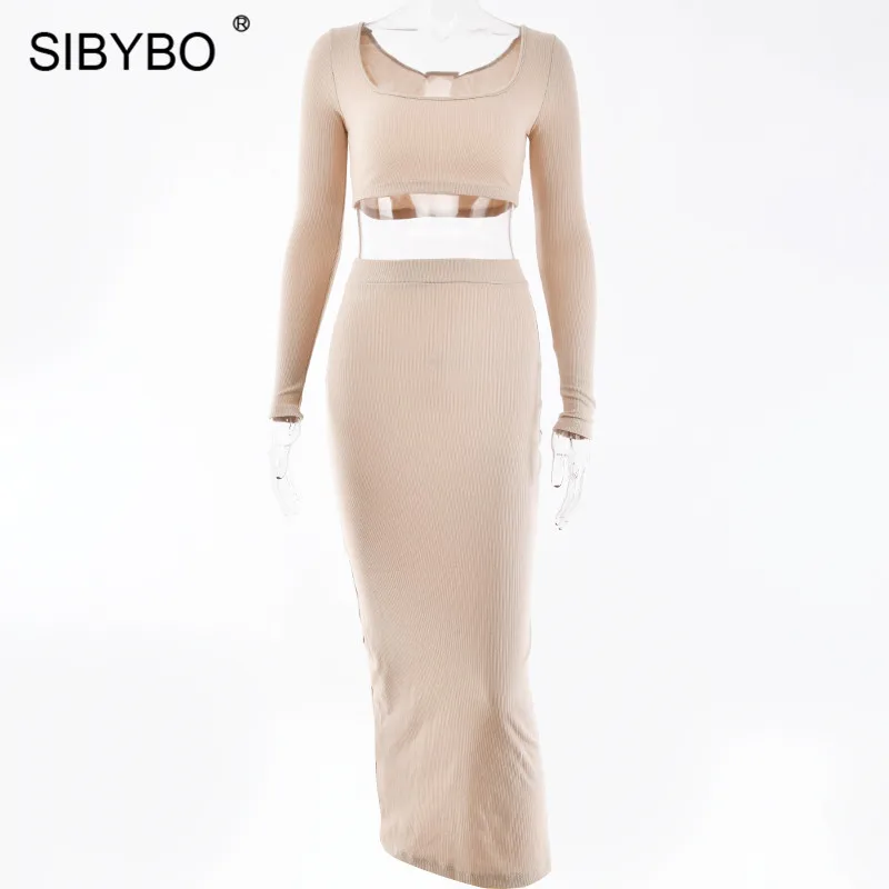 Хаки Sibybo, Ребристое, с длинным рукавом, сексуальное, из двух частей, платье, квадратный воротник, высокая талия, повседневное, облегающее, одноцветное, Клубные, вечерние, женское платье - Цвет: Хаки