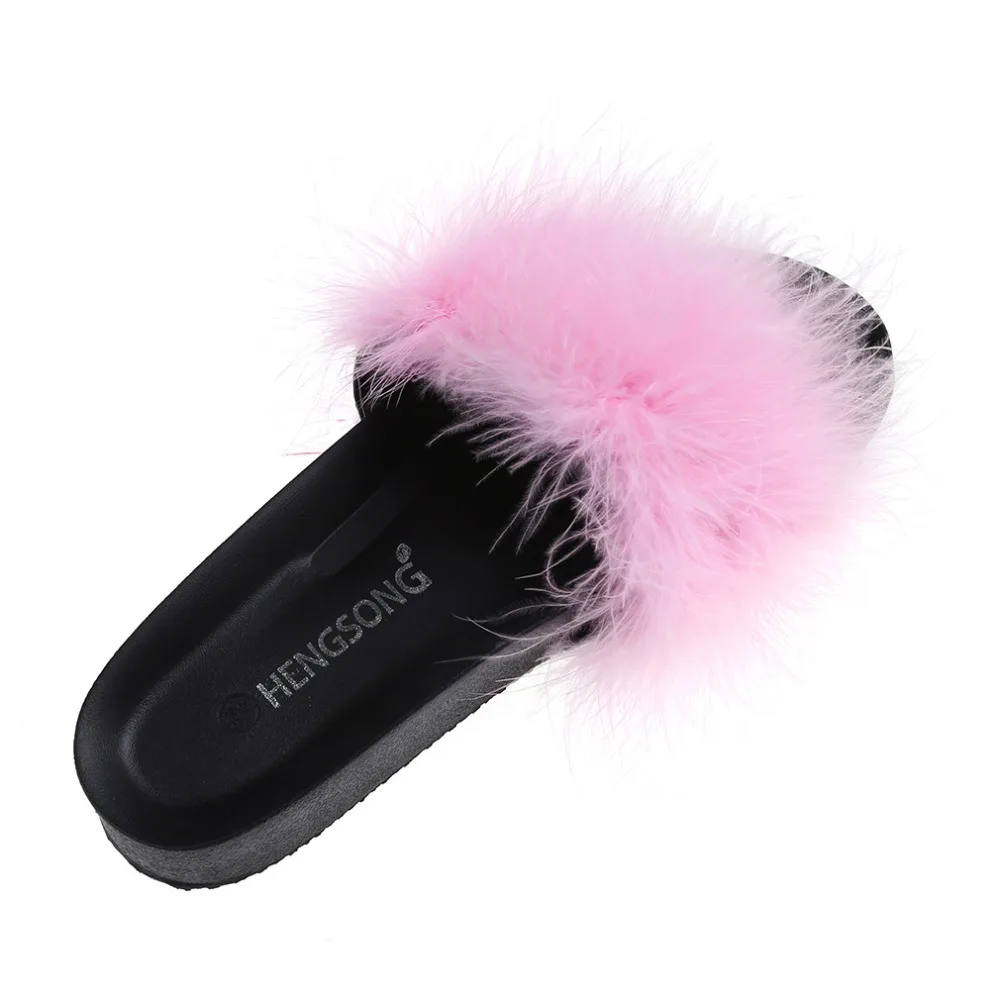 HENGSONG/симпатичные меховые шлепанцы с перьями Женские пляжные сандалии на толстой