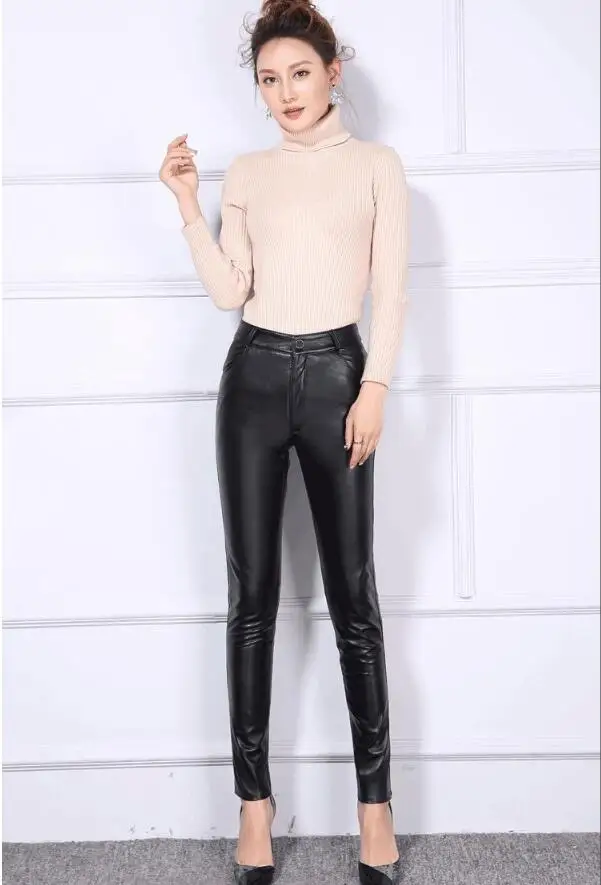 S-4XL г. Новые брюки из овечьей кожи женские корейские модные кожаные брюки больших размеров узкие брюки