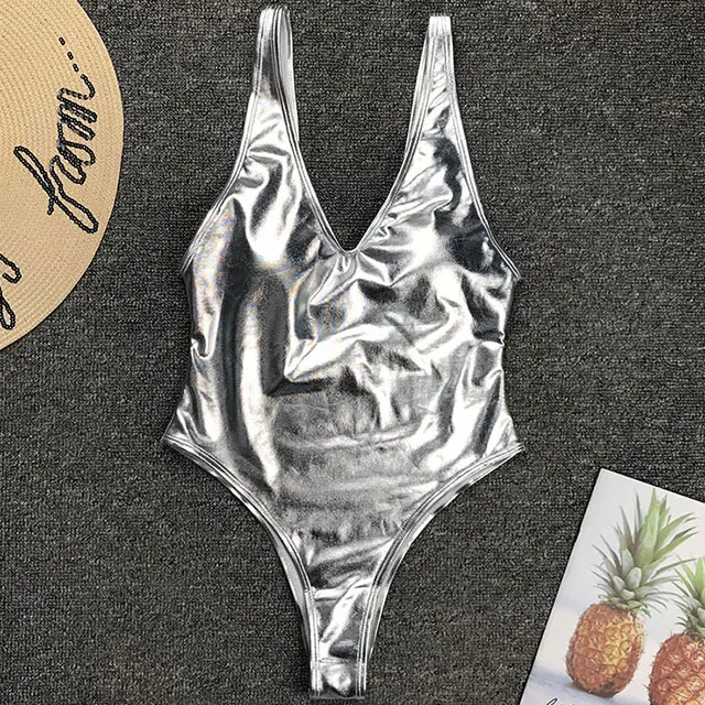 Silver One Piece GACVGA новые бикини сексуальный купальник Одна деталь Монокини Высокая Талия купальные костюмы V-Neck Для женщин серебро/золото ванный комплект бикини - Цвет: Silver One Piece