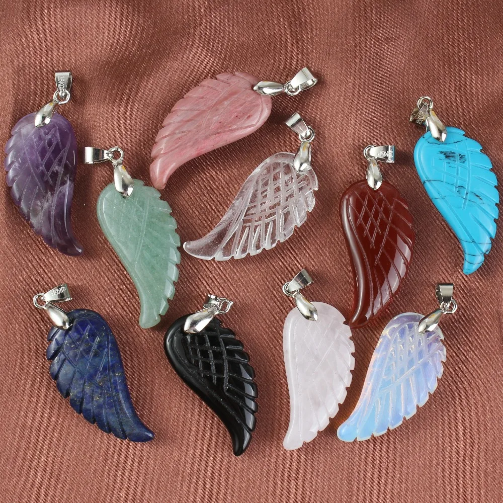 

Trendy-beads Silver Plated Vintage Style Amethysts Rock Crystal Stone Freedom Angel Wing Stone Pendant Fluorite Jewelry
