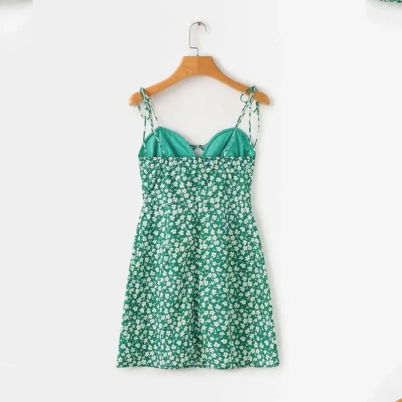 Платье женское винтажное мини-платье на бретельках с бантом и цветочным принтом