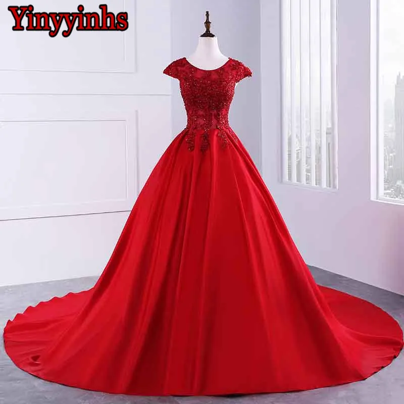 Yinyyinhs Real Picture Short Sleeve Evening Dress Vestido De Festa Long Beads Court Train Formal Gown CG42 | Свадьбы и торжества
