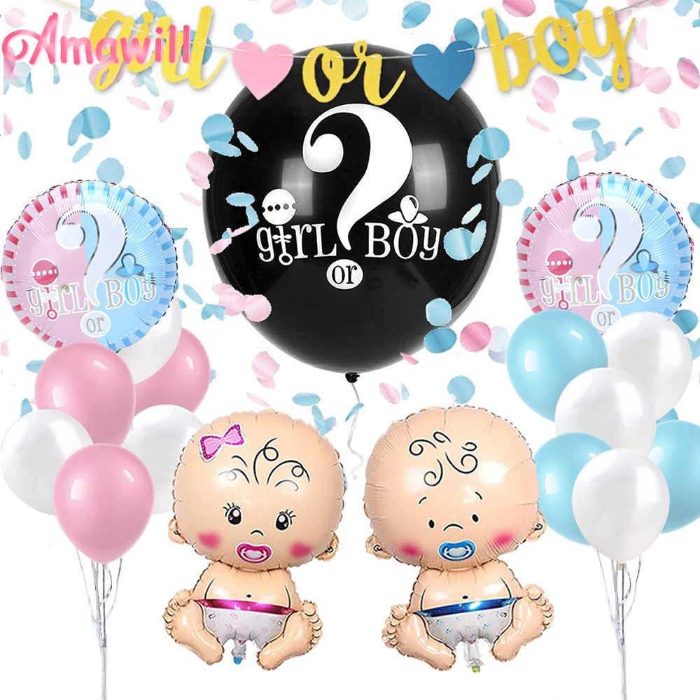 Amawill Girl Or Boy Paper Banner Baby Foil Balloons Pink Blue Confetti Giant Globos For Shower Gender Reveal 75D | Дом и сад