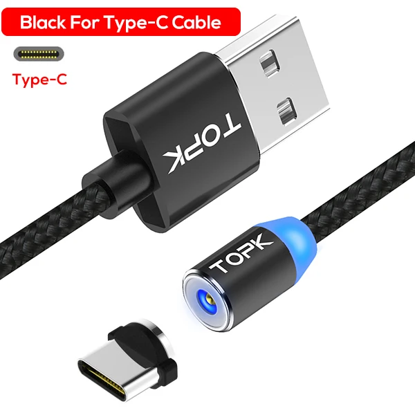 Type-C Cable Black TOPK AM23 светодиодный магнитный Micro USB кабель USB C кабель для samsung Xiaomi huawei Android кабели для мобильных телефонов для iPhone X Xs Max - Цвет: Type-C Cable Black