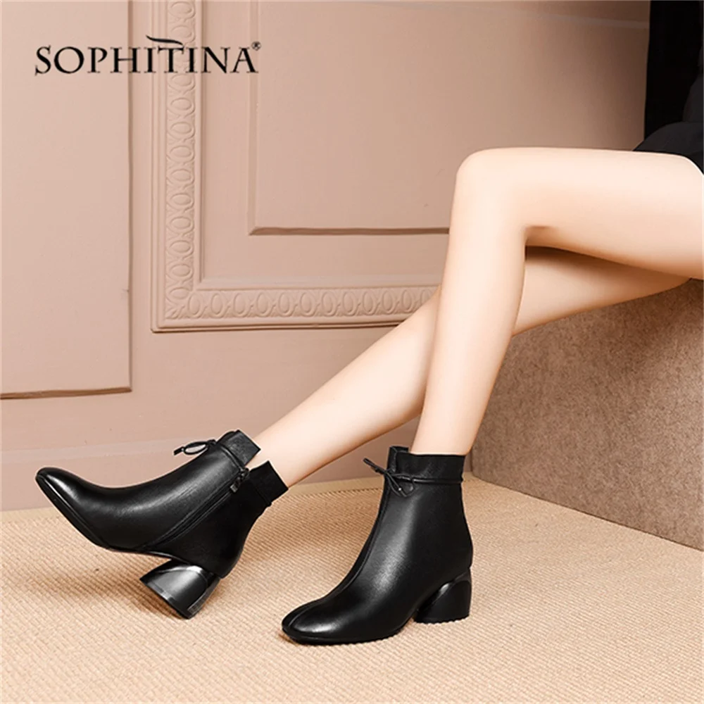 SOPHITINA Special Design Square Toe Boots High Quality Genuine Leather Fashion Zipper Shoes Round Heel Elegant Ankle PO208 | Обувь