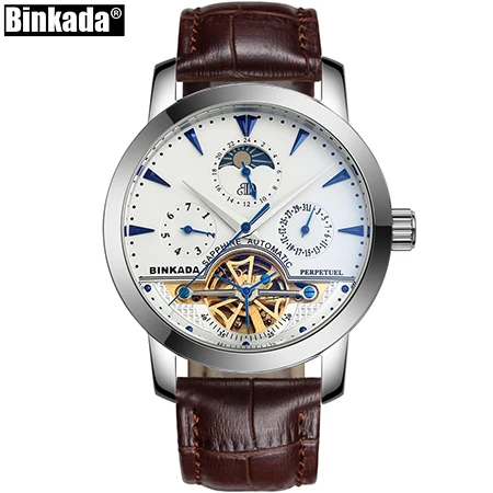 Brown White Скелет Бизнес Мужские автоматические часы Топ люксовый бренд спорт Tourbillon механические розовое золото повседневные само ветер BINKADA часы - Цвет: Brown White
