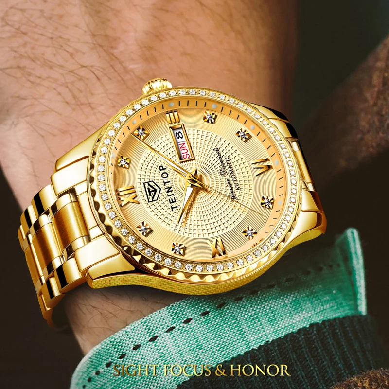 Часы мужские/женские Автоматические механические золотистые с алмазным