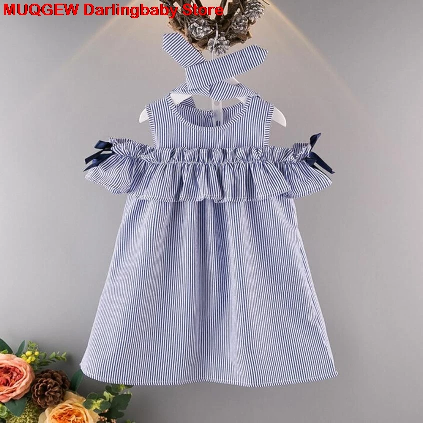 Новые Детские платья для девочек платье наряд без бретелек в полоску + оголовье