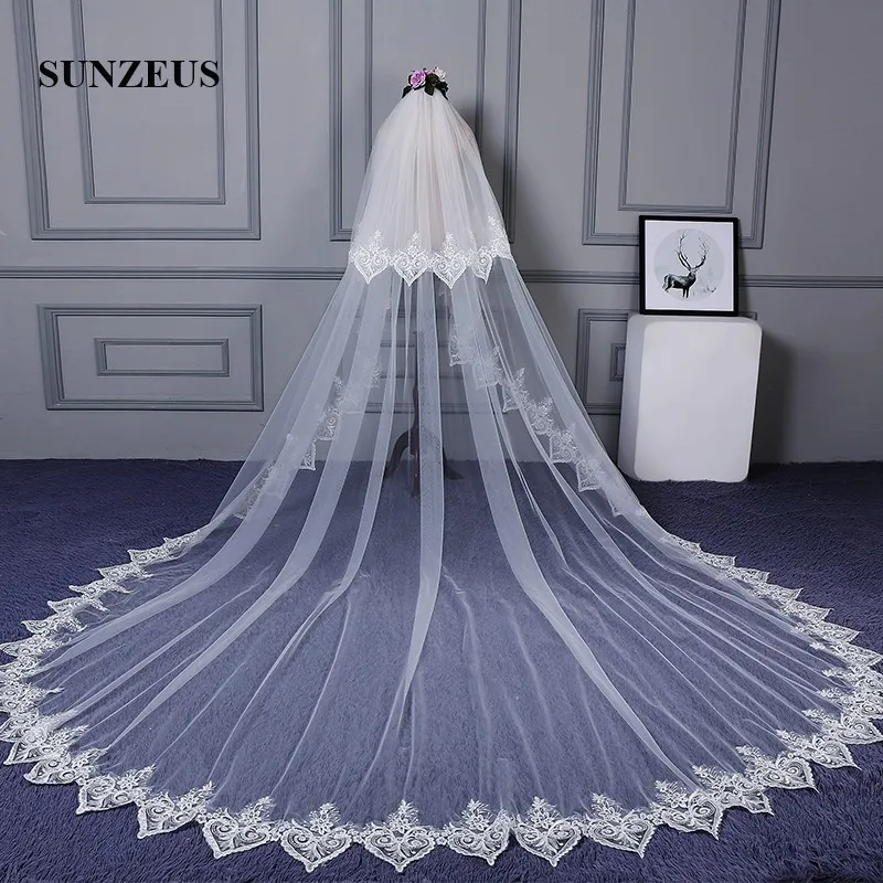 

Two Layers Wedding Veils Long Lace Edge Bridal Cathedral Veil vestido de noiva 2020 Accessories SBV35