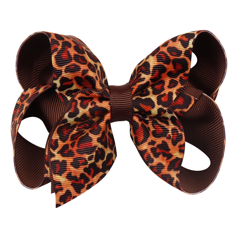 

IBOWS 4" Leopard Printed Hair Bows For Girls Double Layers Grosgrain Ribbon Bowknot Hair Clip Kids Hairgrips Hair Accessories